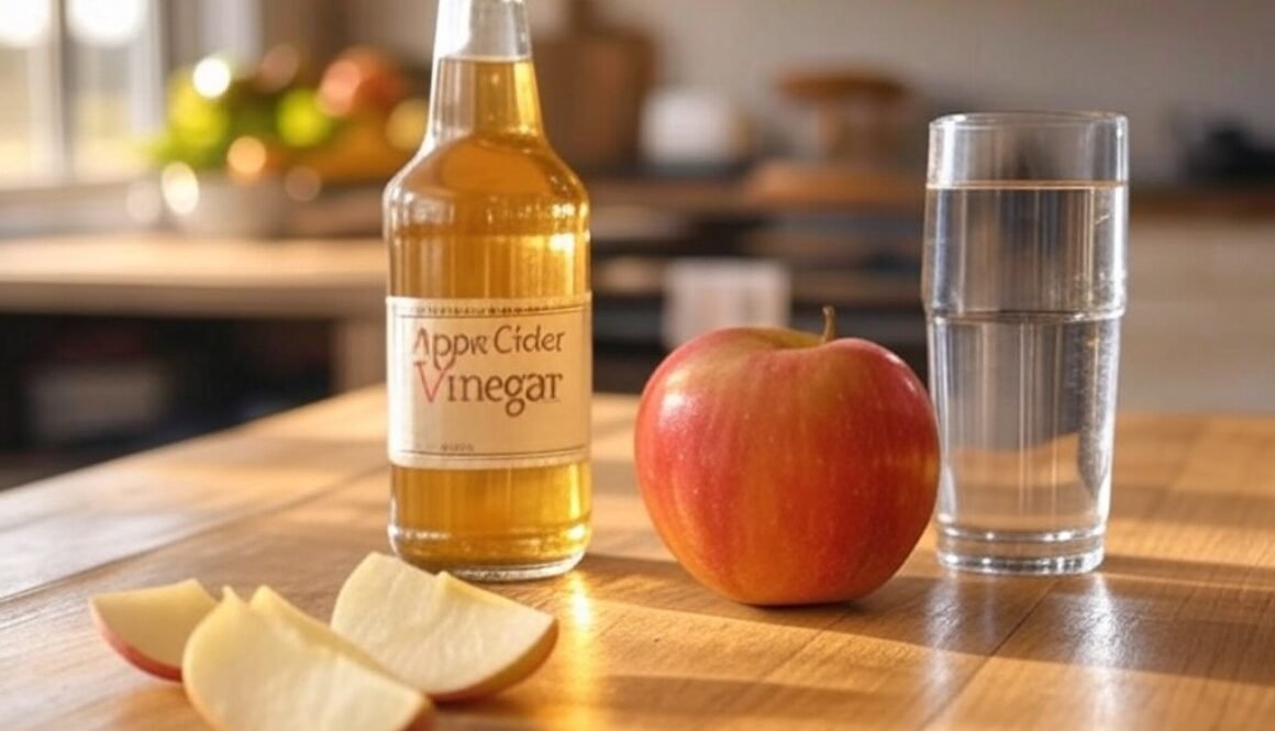 Flasche Apfelessig, Apfel und Wasserglas auf dem Tisch