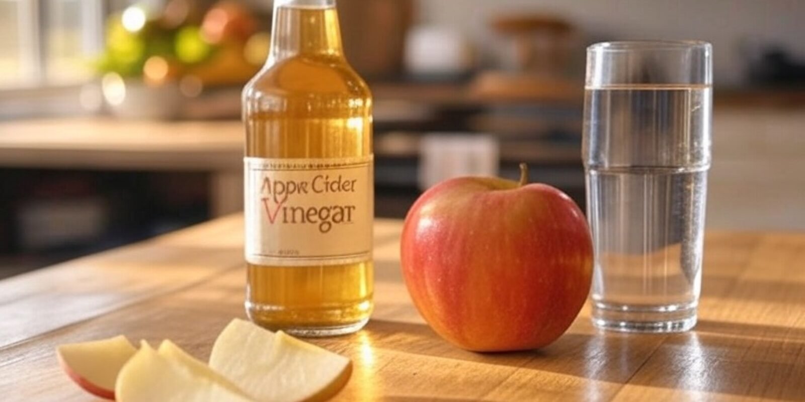 Flasche Apfelessig, Apfel und Wasserglas auf dem Tisch
