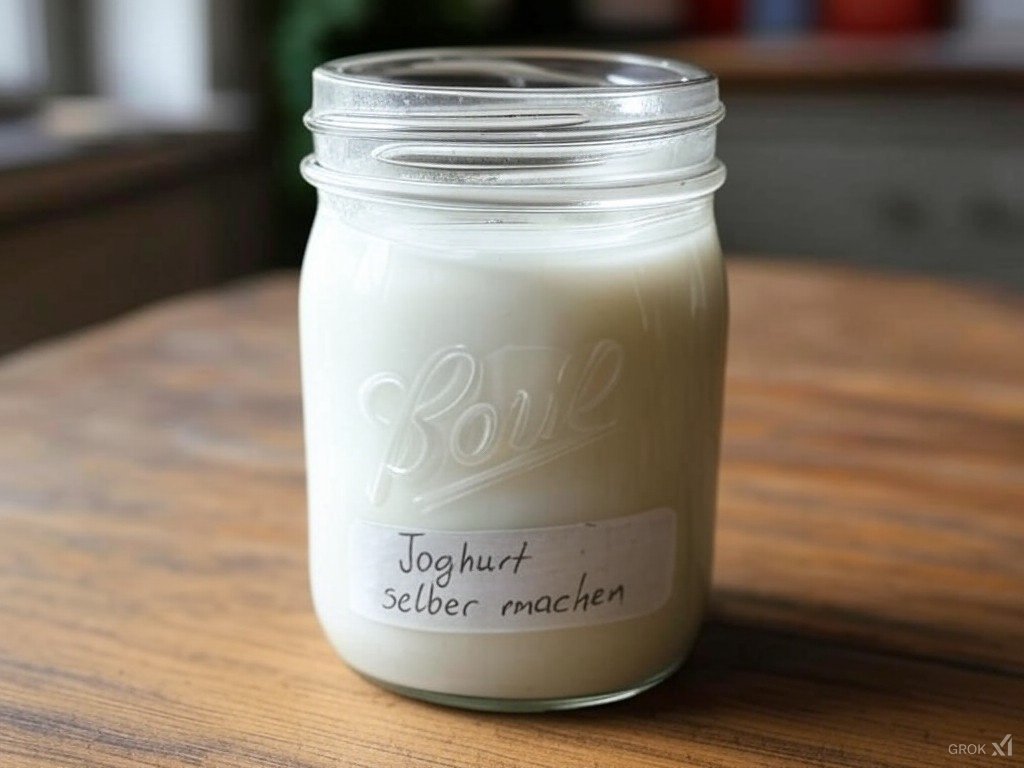 Joghurt selber machen: Joghurt im Glas auf einem Holztisch