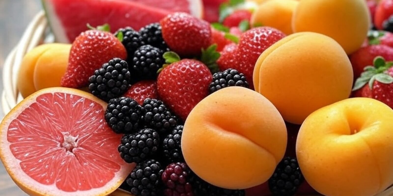 Obst mit wenig Zucker in der Schale: aprikosen, brombeeren, grapefreuit, wassermelone