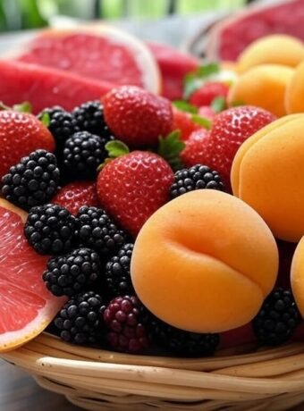 Obst mit wenig Zucker in der Schale: aprikosen, brombeeren, grapefreuit, wassermelone