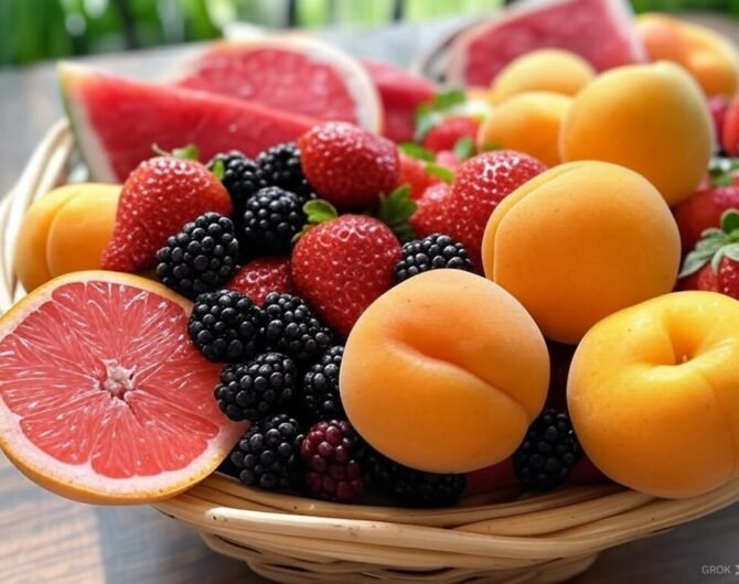 Obst mit wenig Zucker in der Schale: aprikosen, brombeeren, grapefreuit, wassermelone