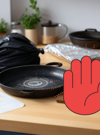 Tschüss, Giftstoffe: Schadstoffhaltige Küchenutensilien wie Pfanne, Plastikbrett auf der Arbeitsplatte