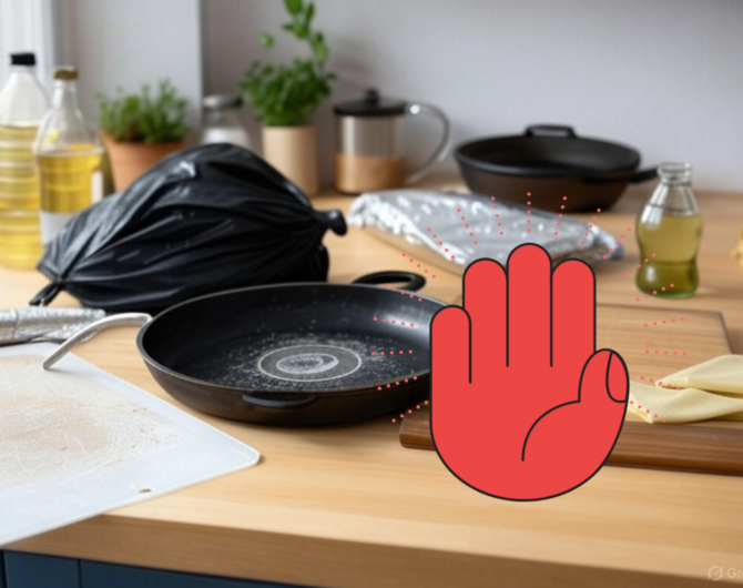 Tschüss, Giftstoffe: Schadstoffhaltige Küchenutensilien wie Pfanne, Plastikbrett auf der Arbeitsplatte