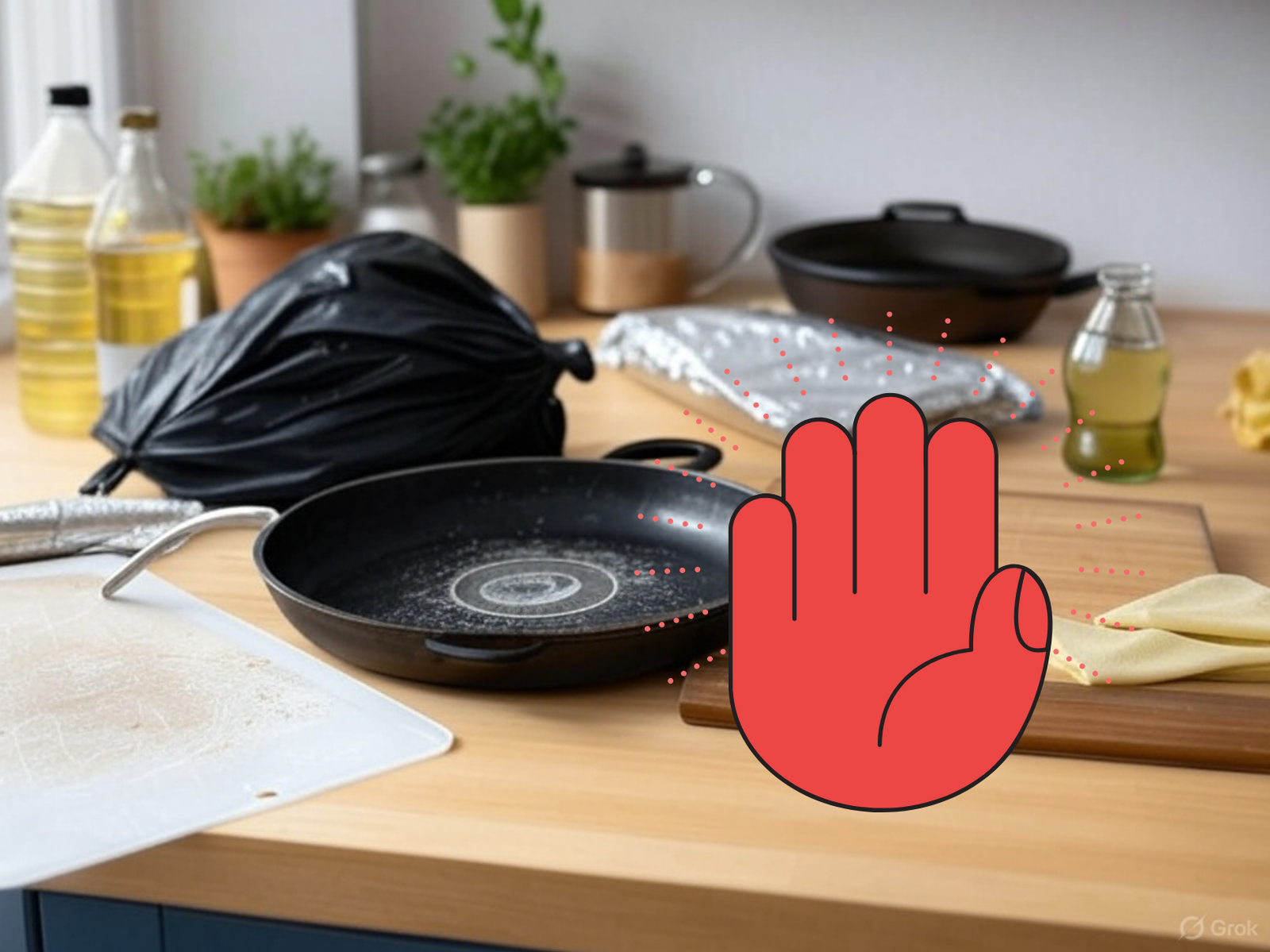 Tschüss, Giftstoffe: Schadstoffhaltige Küchenutensilien wie Pfanne, Plastikbrett auf der Arbeitsplatte