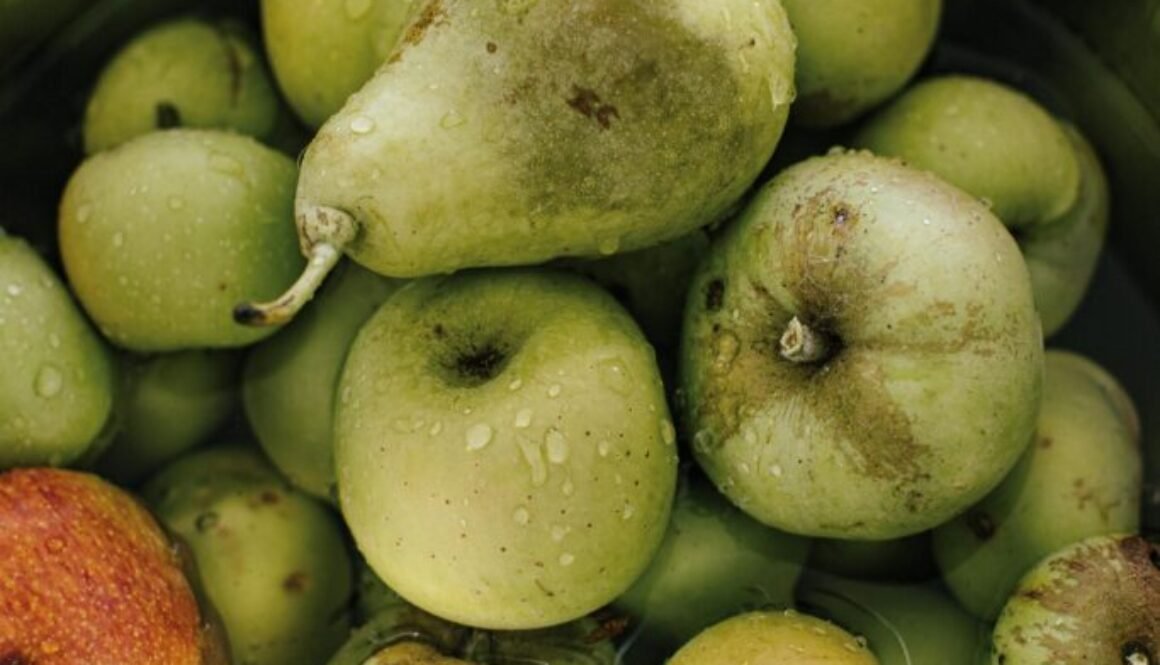 Äpfel und Birnen in einer Schüssel mit Wasser Obst mit Natron waschen