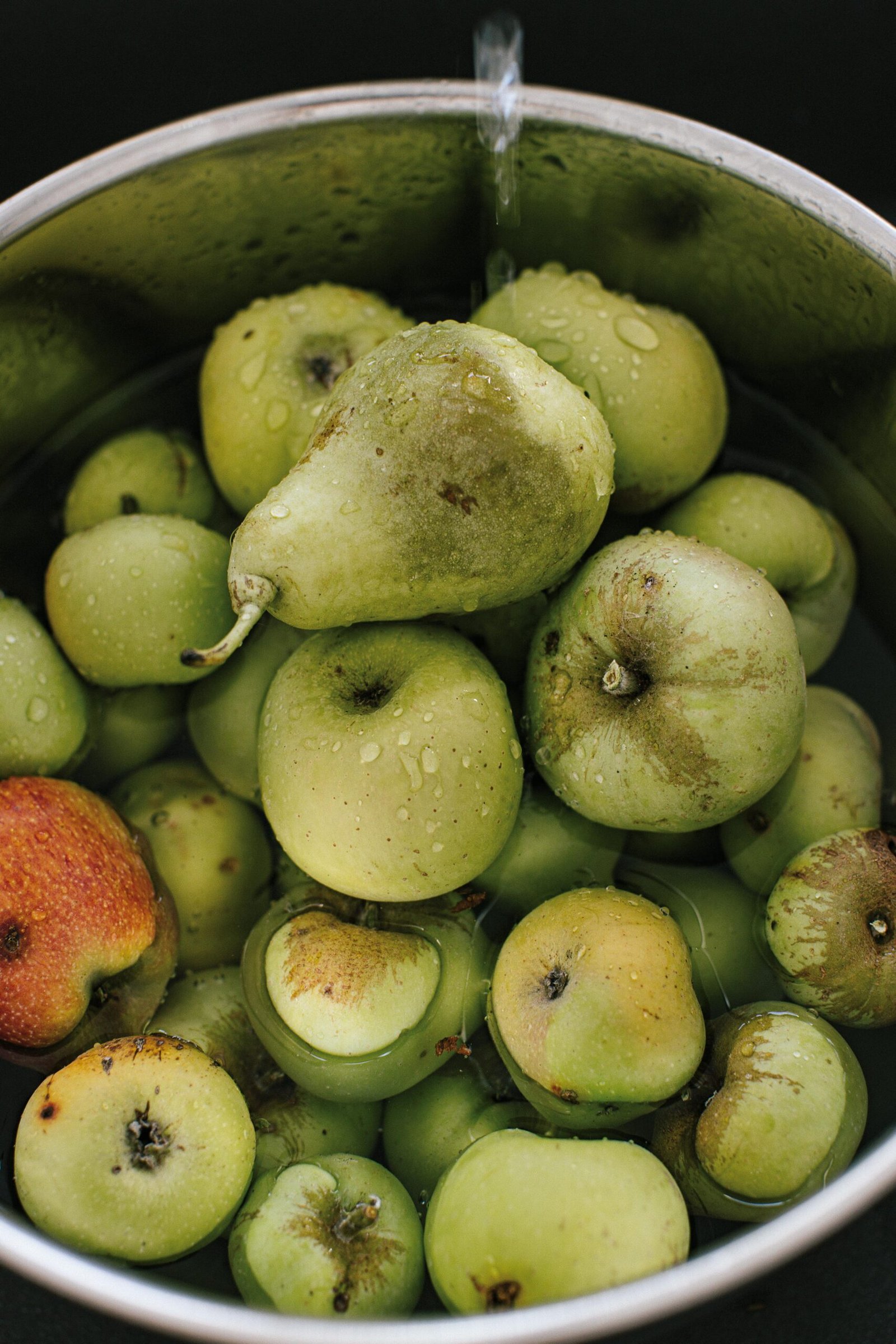 Äpfel und Birnen in einer Schüssel mit Wasser Obst mit Natron waschen